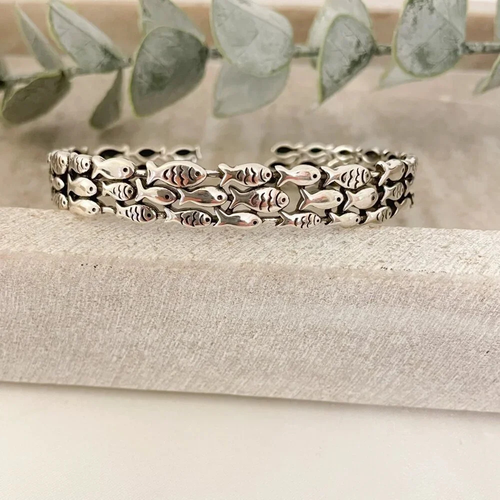925 Sterling Silver Cuff Bracelet School of Fish Bracelet Modern Silver Bangle - Picture 2 of 9